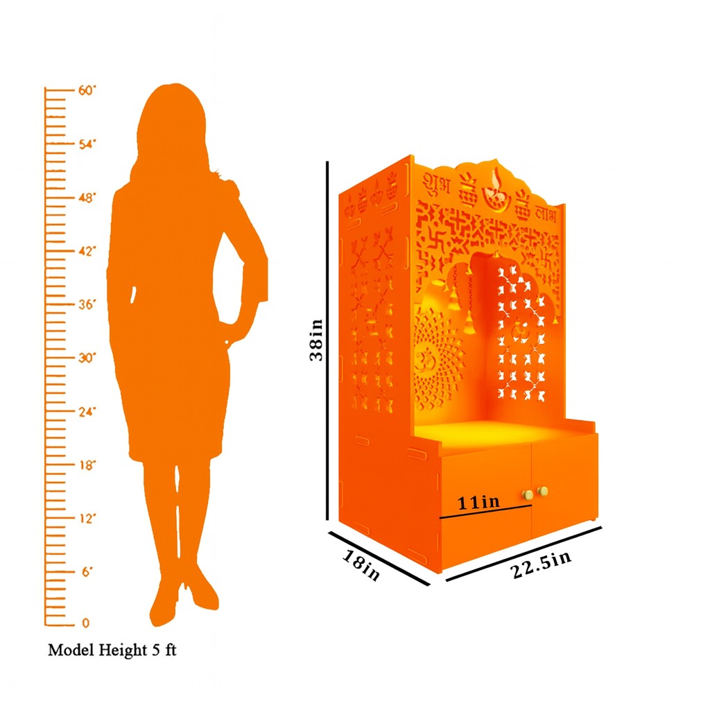 Bhagwa Wooden Floor Pooja Mandir with Laser-Cut Om & Shubh Labh Motif Doors with Storage Cabinet