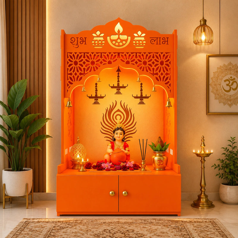 Bhagwa Wooden Floor Pooja Mandir with Shubh Labh Design Floral & Peacock Feather Motifs Laser-Cut Panels & Storage Cabinet