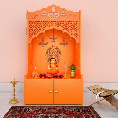 Bhagwa Wooden Floor Pooja Mandir with Shubh Labh Design Floral & Peacock Feather Motifs Laser-Cut Panels & Storage Cabinet