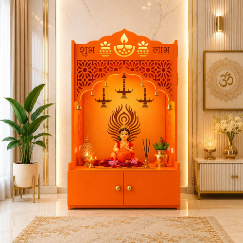 Bhagwa Wooden Floor Pooja Mandir with Shubh Labh Design Floral & Peacock Feather Motifs Laser-Cut Panels & Storage Cabinet