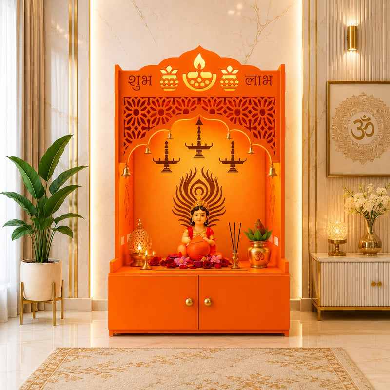 Bhagwa Wooden Floor Pooja Mandir with Shubh Labh Design Floral & Peacock Feather Motifs Laser-Cut Panels & Storage Cabinet