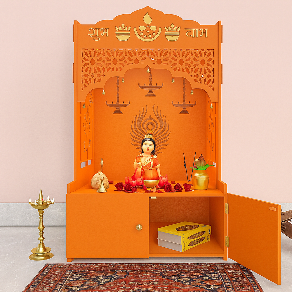 Bhagwa Wooden Floor Pooja Mandir with Shubh Labh Design Floral & Peacock Feather Motifs Laser-Cut Panels & Storage Cabinet