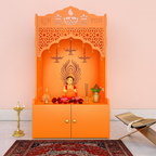Bhagwa Wooden Floor Pooja Mandir with Shubh Labh Design Floral & Peacock Feather Motifs Laser-Cut Panels & Storage Cabinet