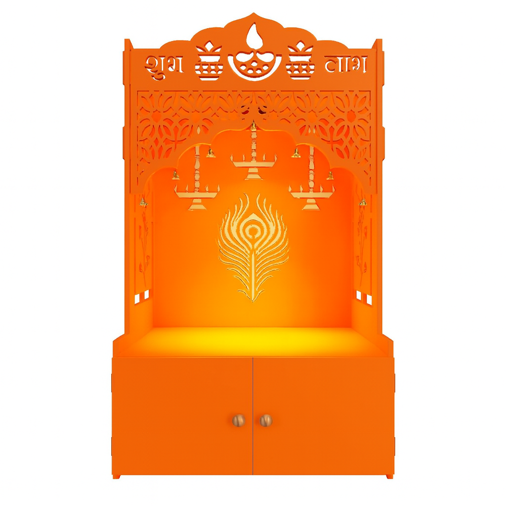 Bhagwa Wooden Floor Pooja Mandir with Shubh Labh Design Floral & Peacock Feather Motifs Laser-Cut Panels & Storage Cabinet