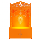 Bhagwa Wooden Floor Pooja Mandir with Shubh Labh Design Floral & Peacock Feather Motifs Laser-Cut Panels & Storage Cabinet