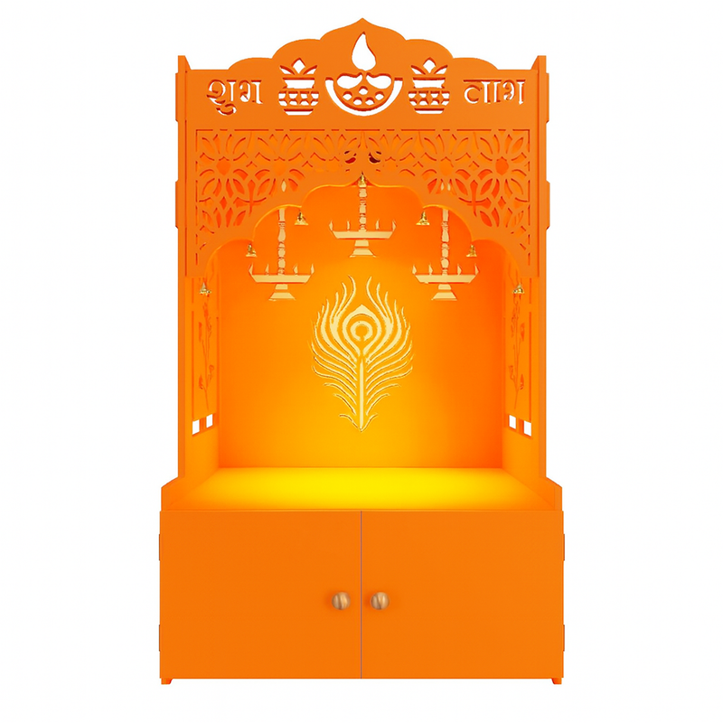 Bhagwa Wooden Floor Pooja Mandir with Shubh Labh Design Floral & Peacock Feather Motifs Laser-Cut Panels & Storage Cabinet