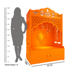 Bhagwa Wooden Floor Pooja Mandir with Shubh Labh Design Floral & Peacock Feather Motifs Laser-Cut Panels & Storage Cabinet