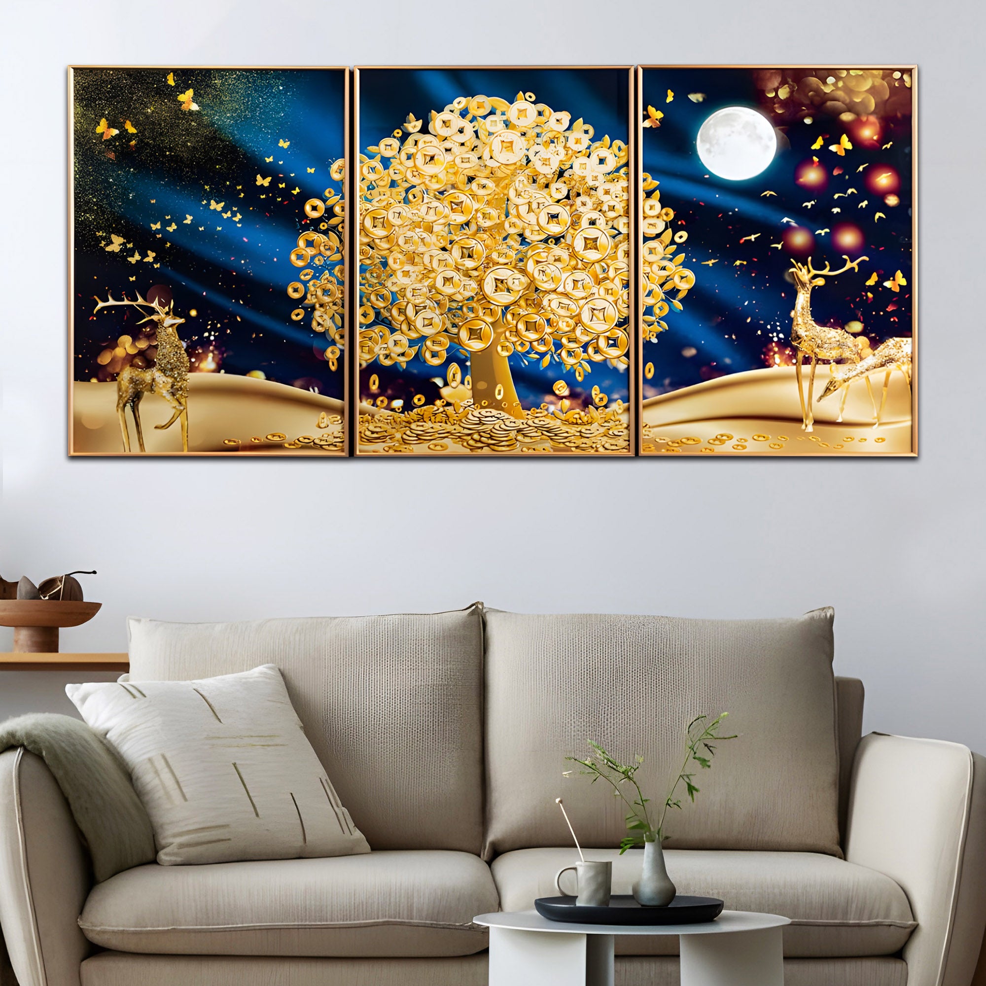 Big Golden Tree Framed Crystal Glass Painting Set of 3