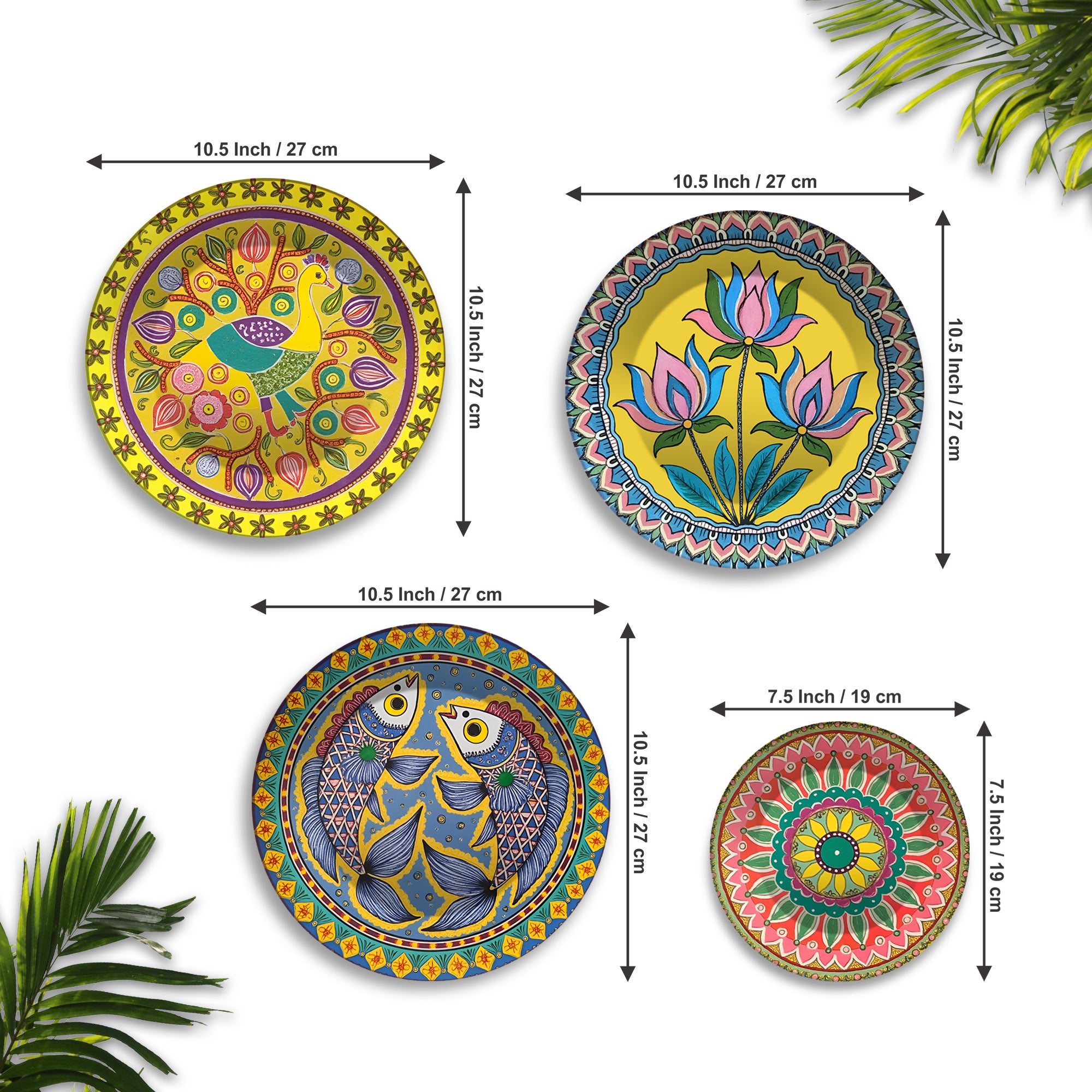 Bird, Lotus & Fish Designs Premium Wall Plates Painting Set of Four