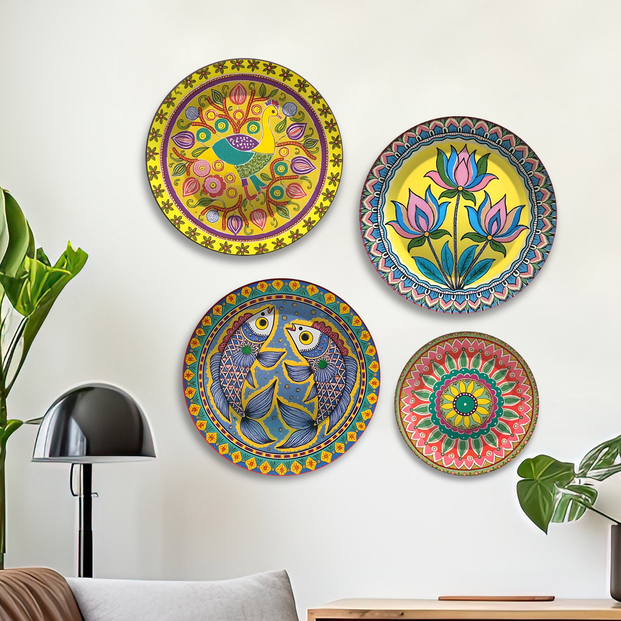 Bird, Lotus & Fish Designs Premium Wall Plates Painting Set of Four