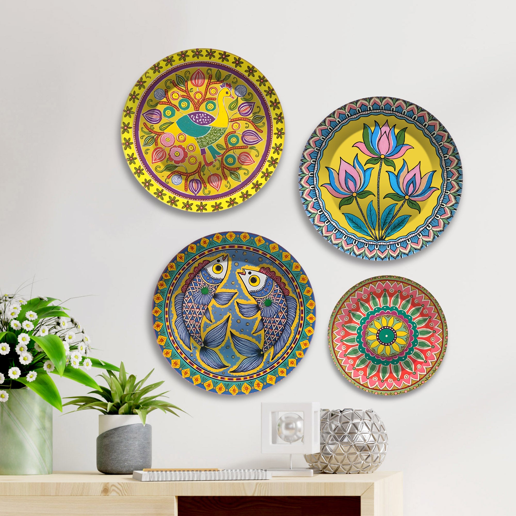 Bird, Lotus & Fish Designs Premium Wall Plates Painting Set of Four