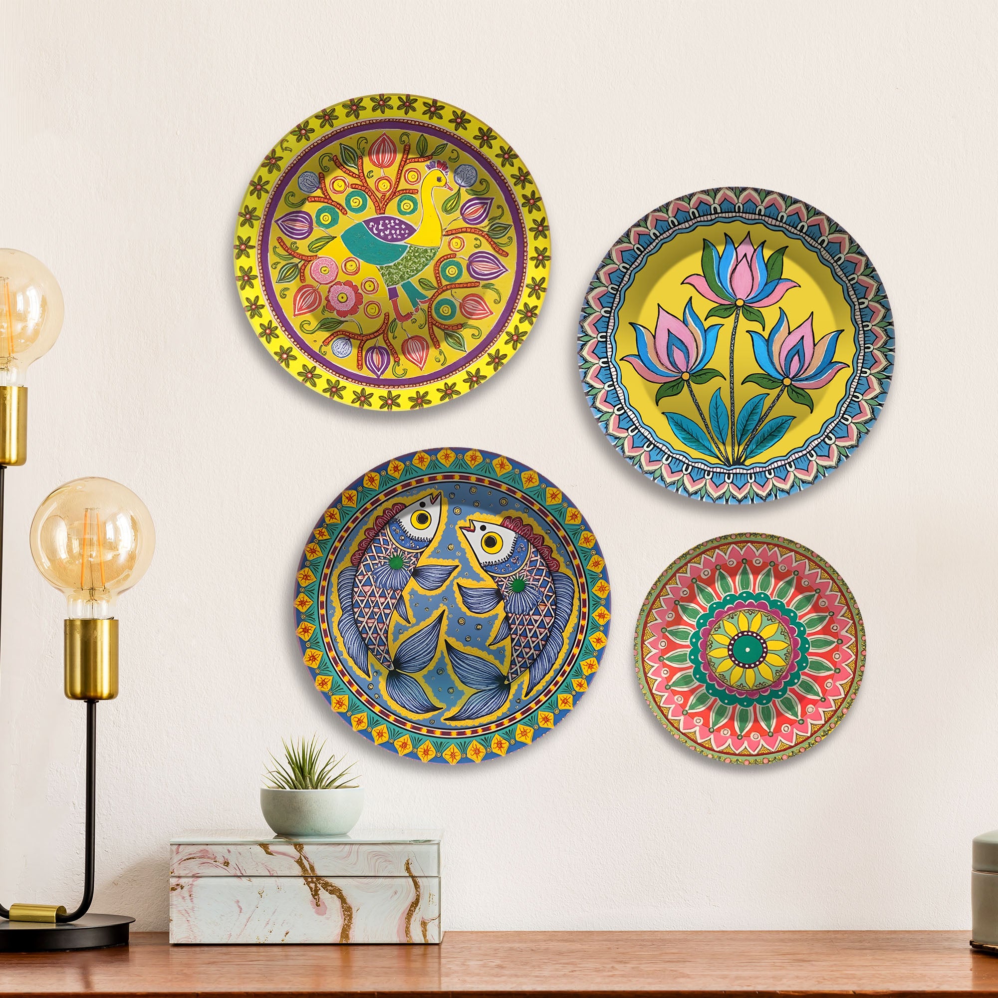 Bird, Lotus & Fish Designs Premium Wall Plates Painting Set of Four