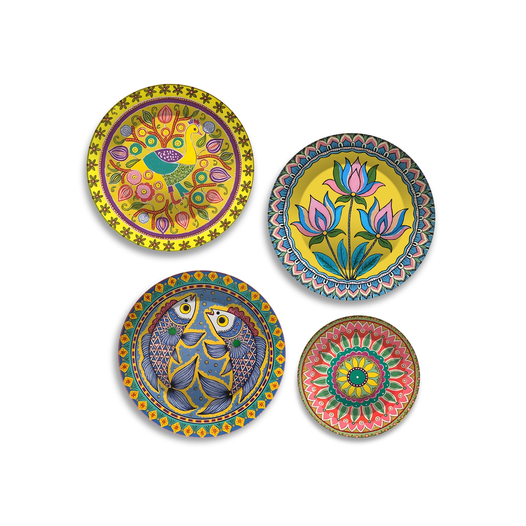 Bird, Lotus & Fish Designs Premium Wall Plates Painting Set of Four