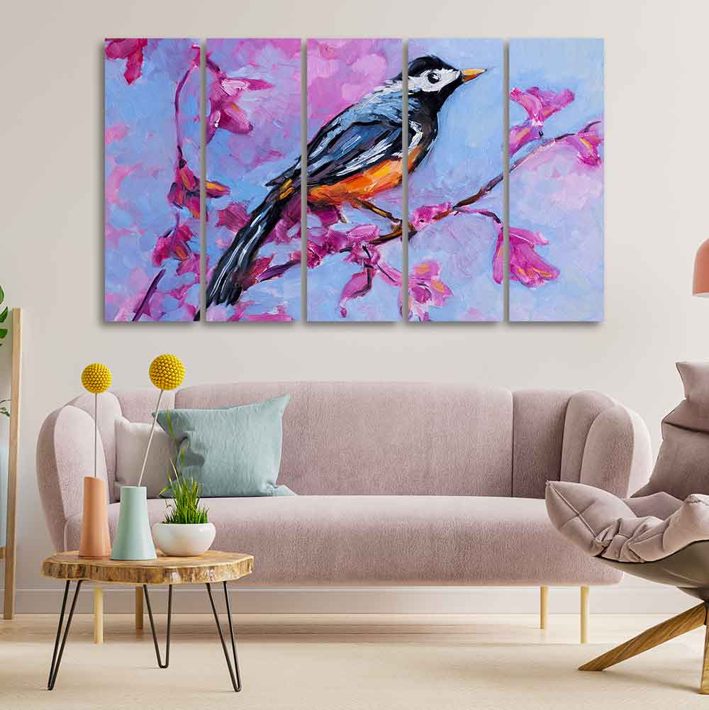 Bird with Nature Abstract Design Five Pieces Wall Painting