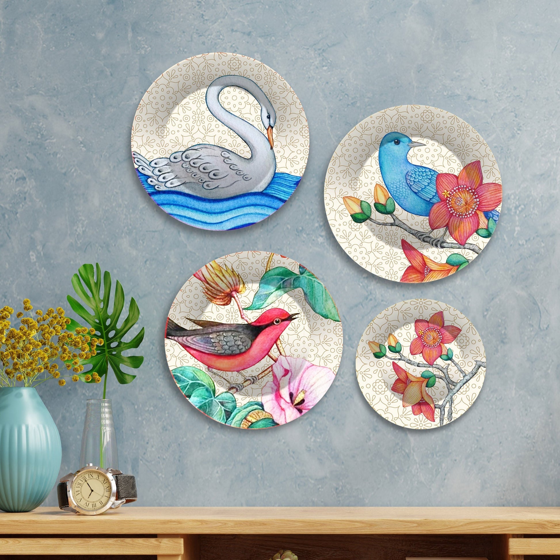 Birds and Flower Premium Wall Plates Painting Set of Four