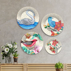 Birds and Flower Premium Wall Plates Painting Set of Four