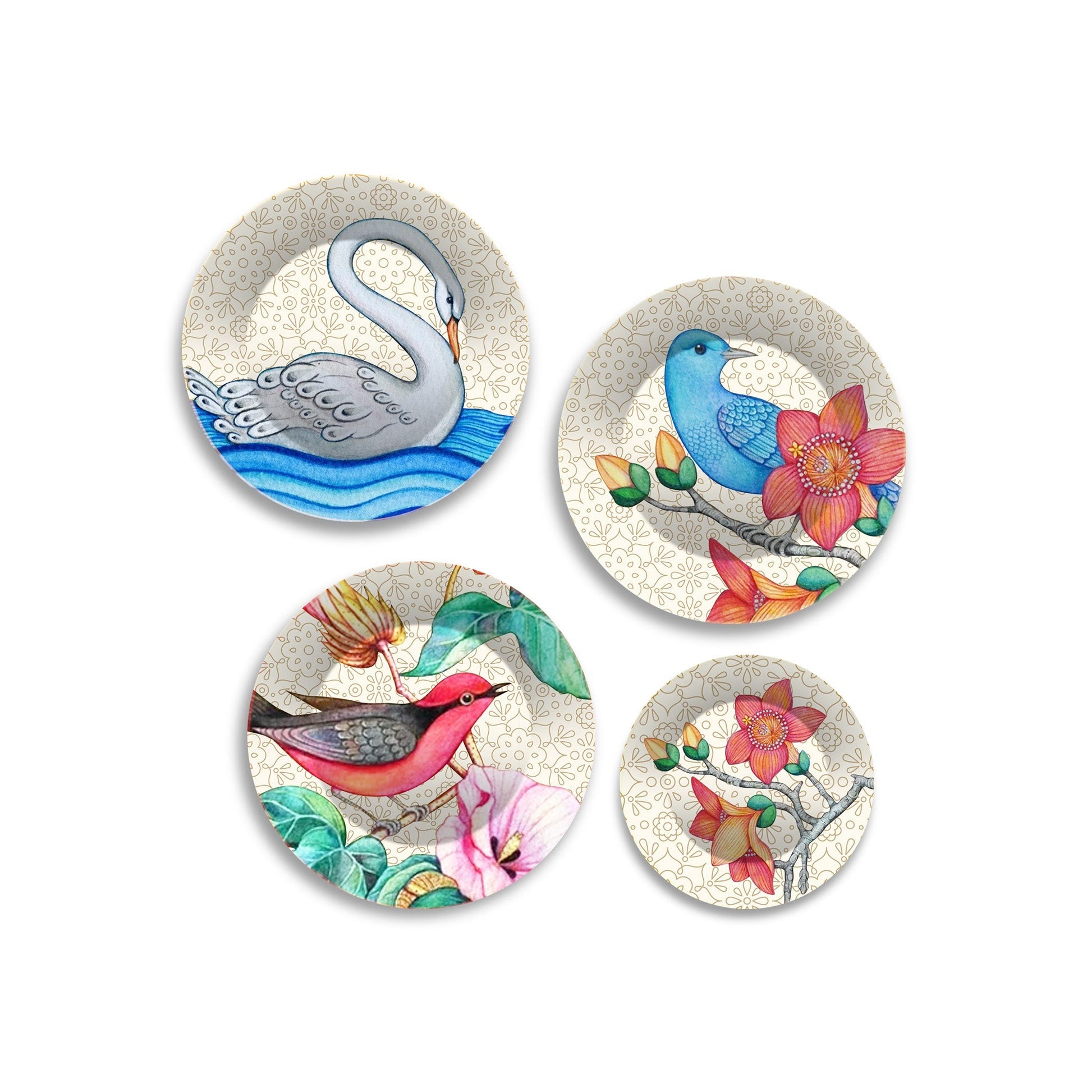 Birds and Flower Premium Wall Plates Painting Set of Four