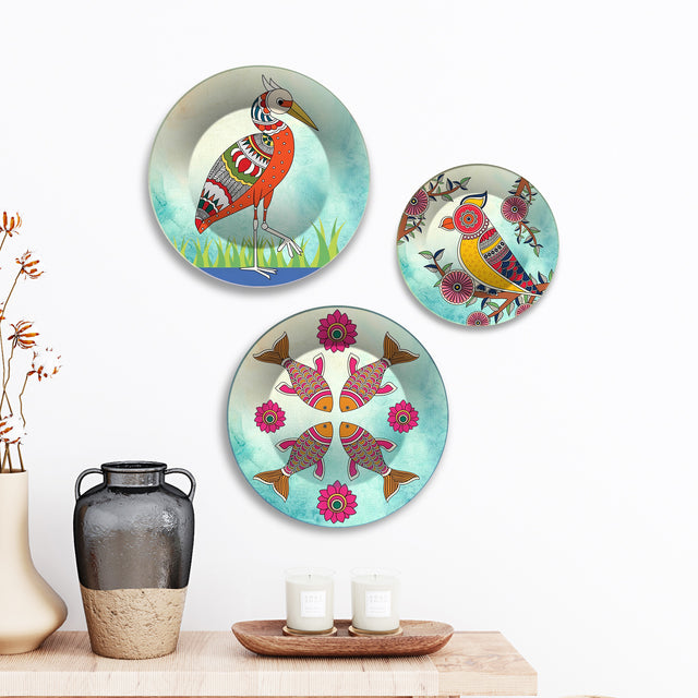 Birds & Fish Folk Aviary Premium Wall Plates Painting Set of 3
