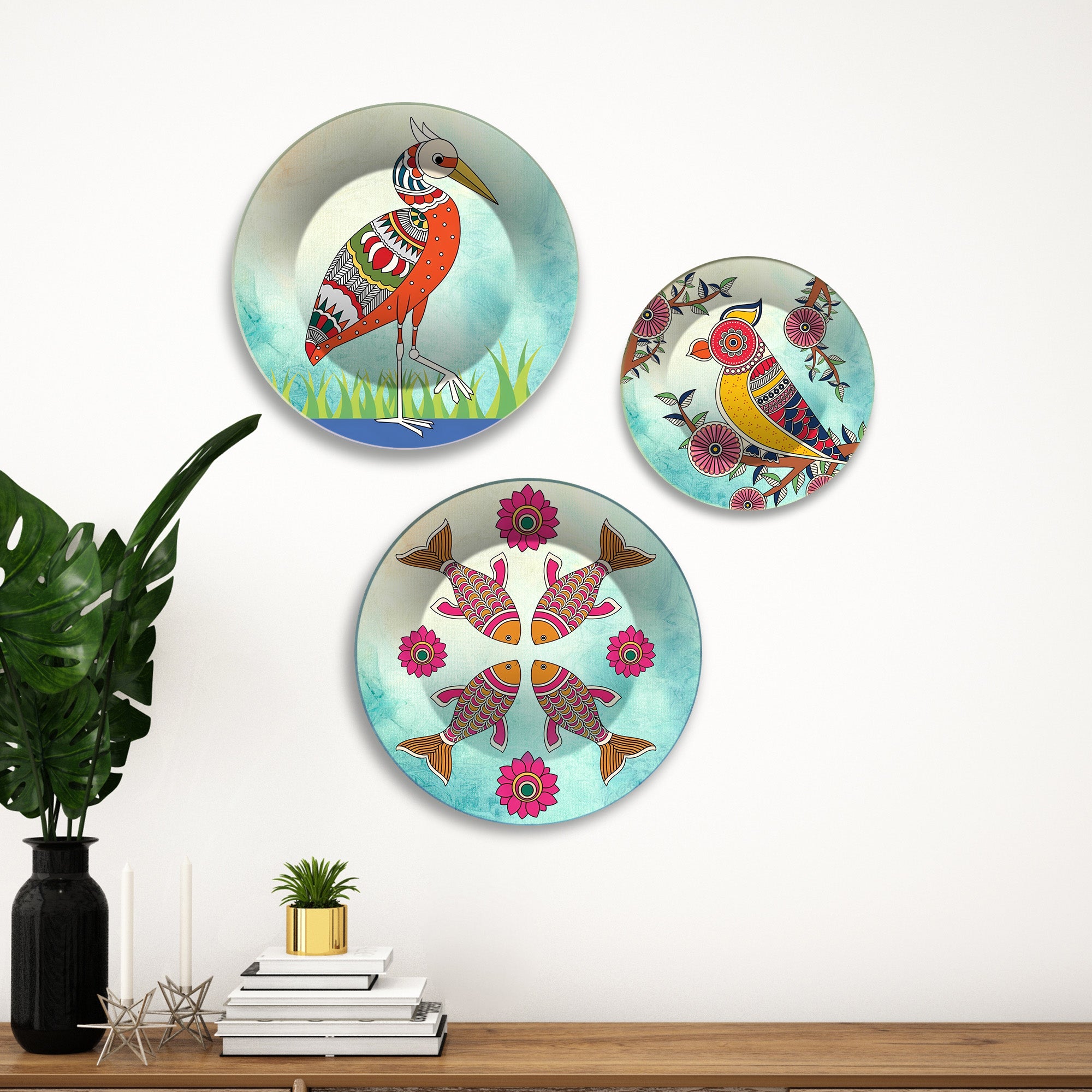 Birds & Fish Folk Aviary Premium Wall Plates Painting Set of 3