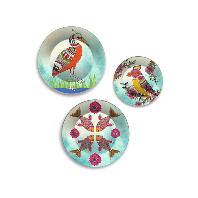 Birds & Fish Folk Aviary Premium Wall Plates Painting Set of 3