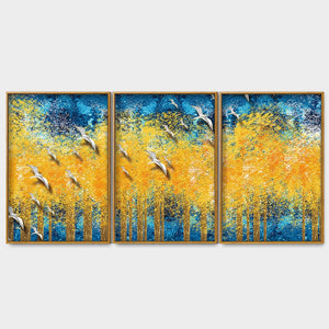 Birds Flying Over Golden Trees Forest Floating Canvas Wall Painting Set of Three