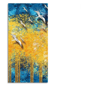 Birds Flying Over Golden Trees Forest Premium Canvas Wall Painting