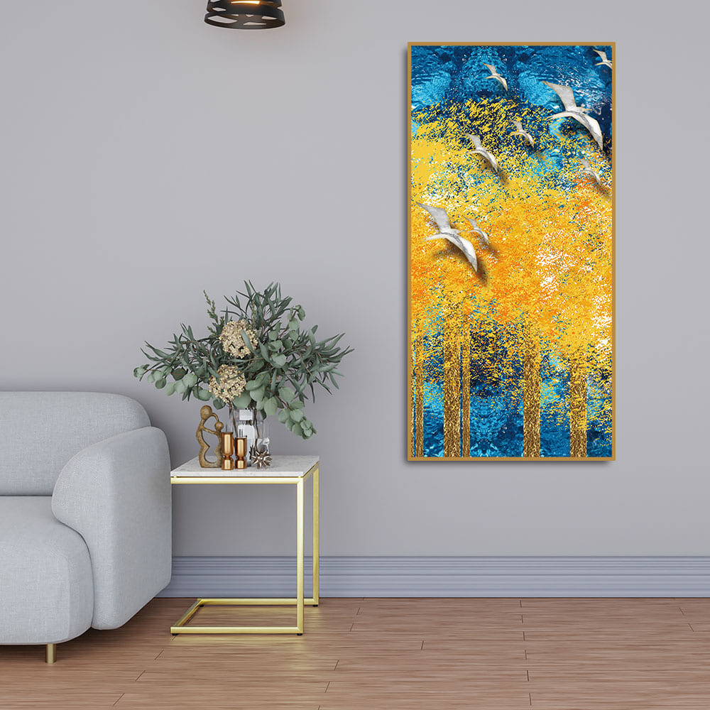 Birds Flying Over Golden Trees Forest Premium Canvas Wall Painting