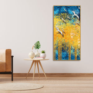 Birds Flying Over Golden Trees Forest Premium Canvas Wall Painting