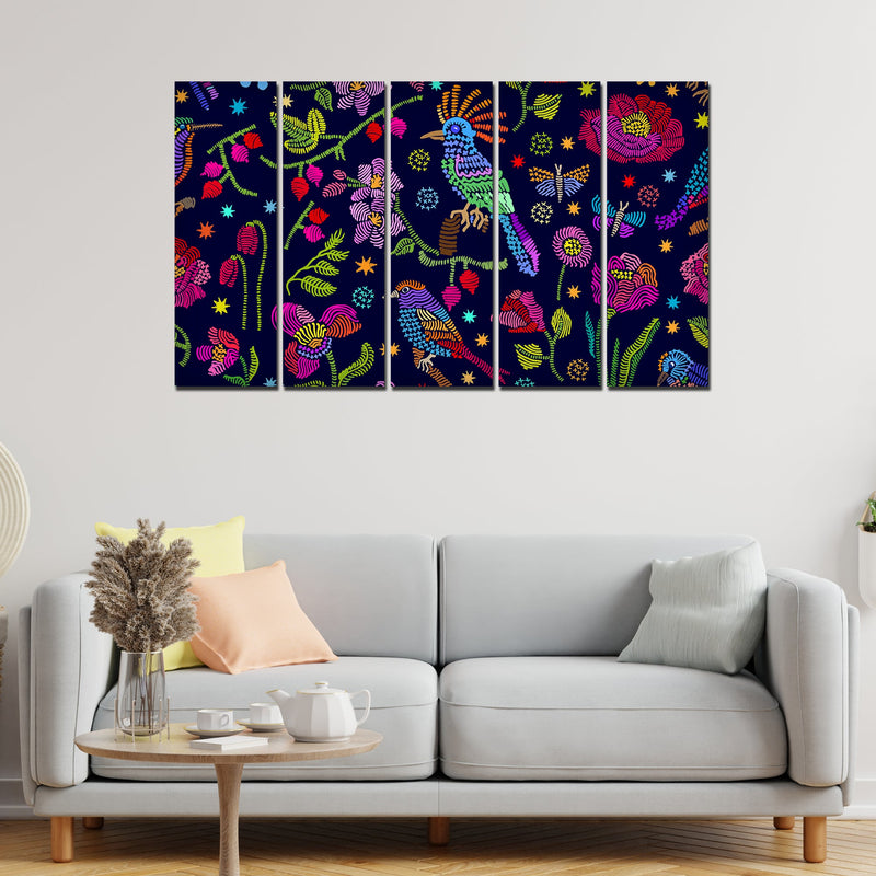 Birds, Flowers & Butterfly Canvas Wall Painting Set of Five