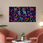 Birds, Flowers & Butterfly Canvas Wall Painting Set of Five