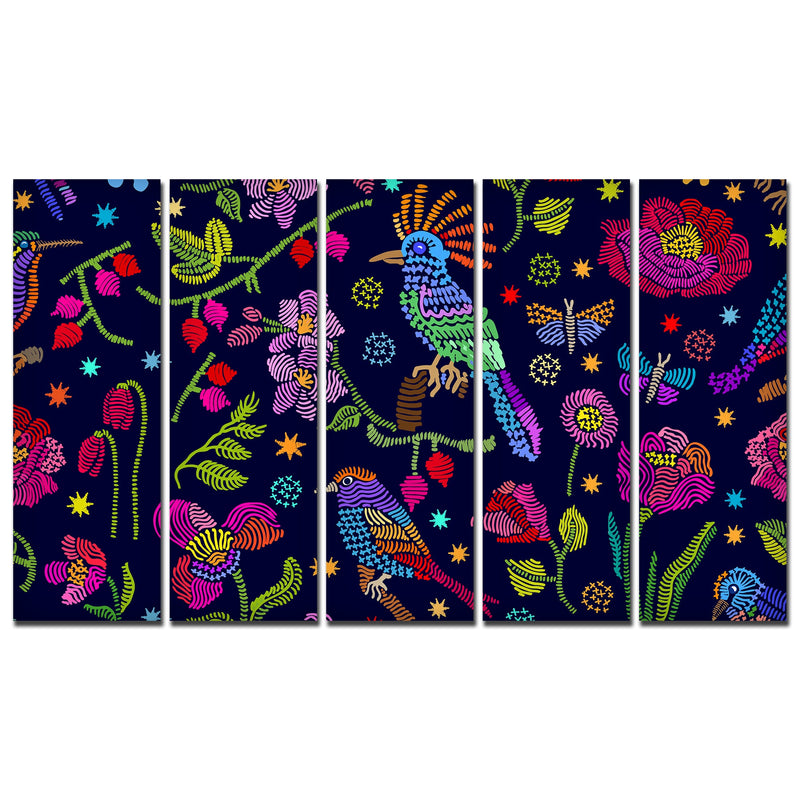 Birds, Flowers & Butterfly Canvas Wall Painting Set of Five