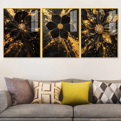 Black & Gold Flora Midnight Bloom Acrylic Floating Wall Painting Set of 3
