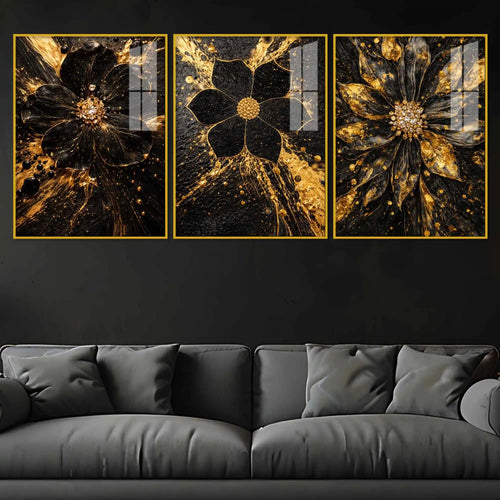 Black & Gold Flora Midnight Bloom Acrylic Floating Wall Painting Set of 3