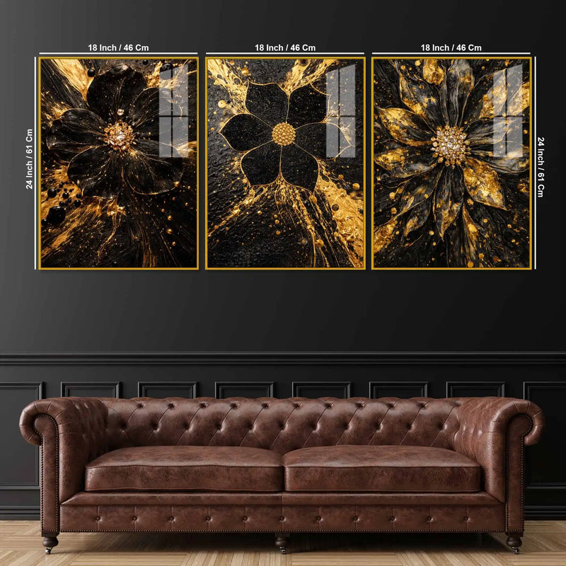 Black & Gold Flora Midnight Bloom Acrylic Floating Wall Painting Set of 3
