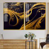 Black and Gold Swirling Acrylic Floating Wall Painting Set of 2