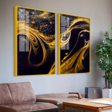 Black and Gold Swirling Acrylic Floating Wall Painting Set of 2