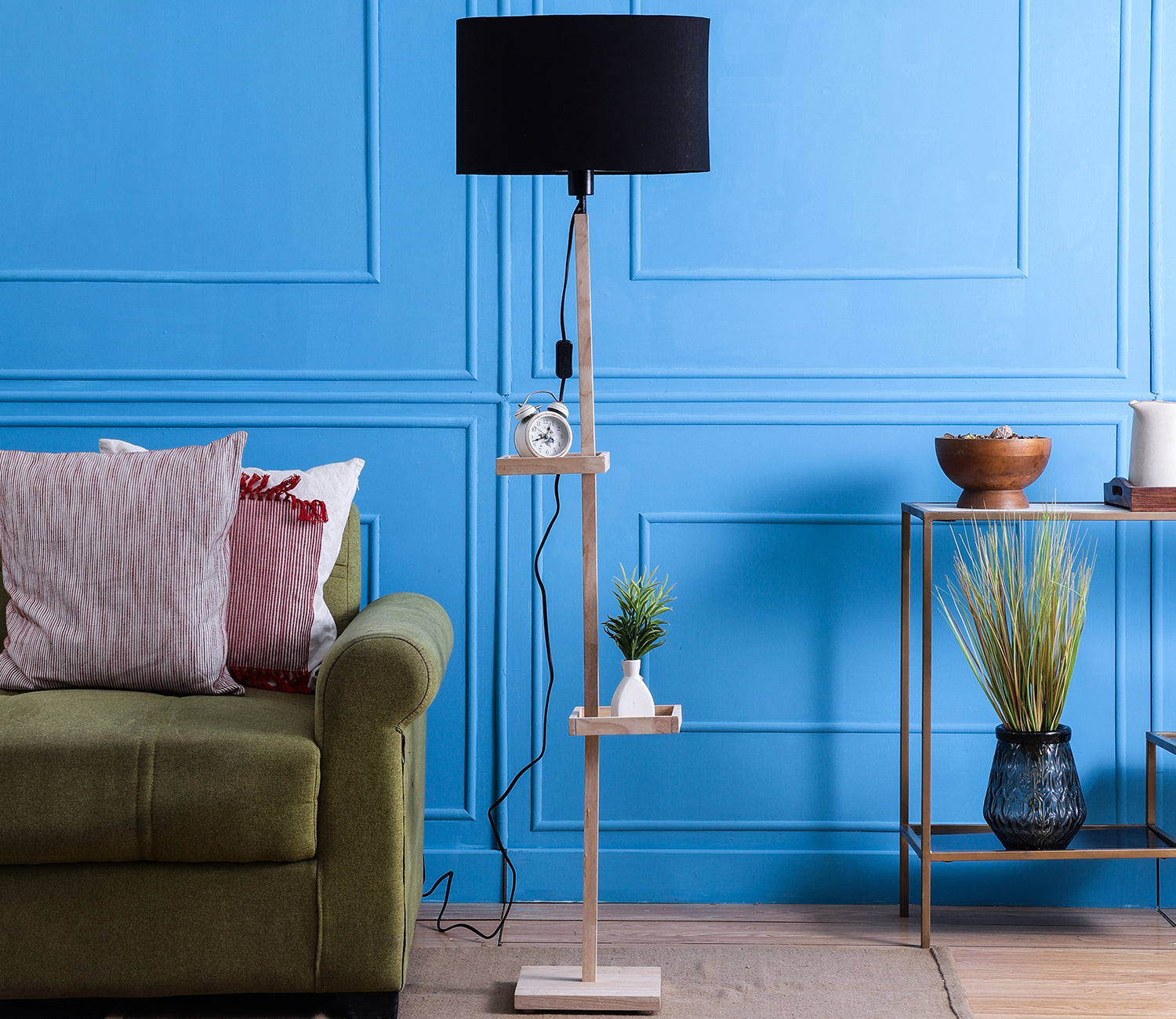 Black Fabric Double Shelf Floor Lamp with Natural Solid Wood Color Bas