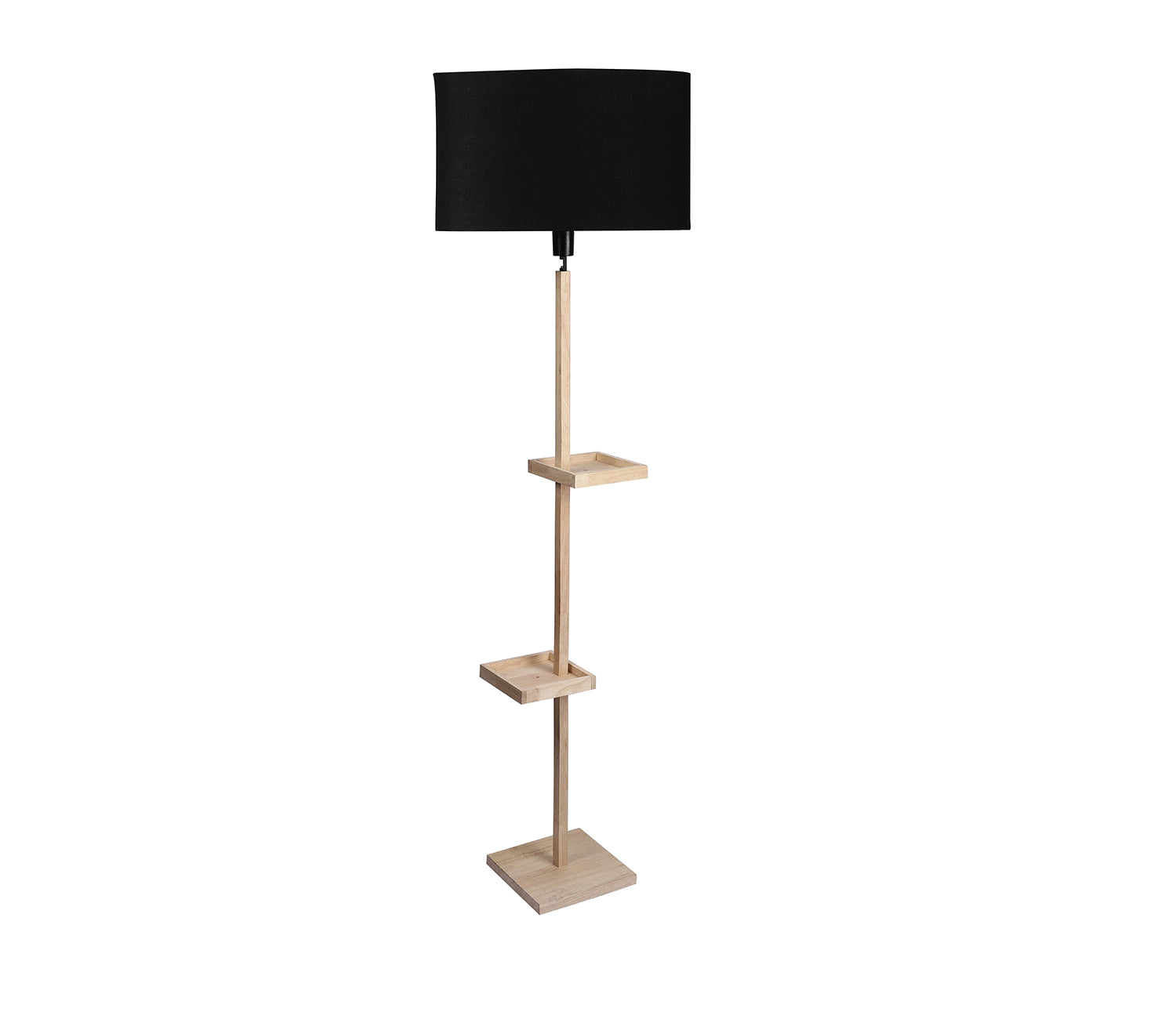 Black Fabric Double Shelf Floor Lamp with Natural Solid Wood Color Base