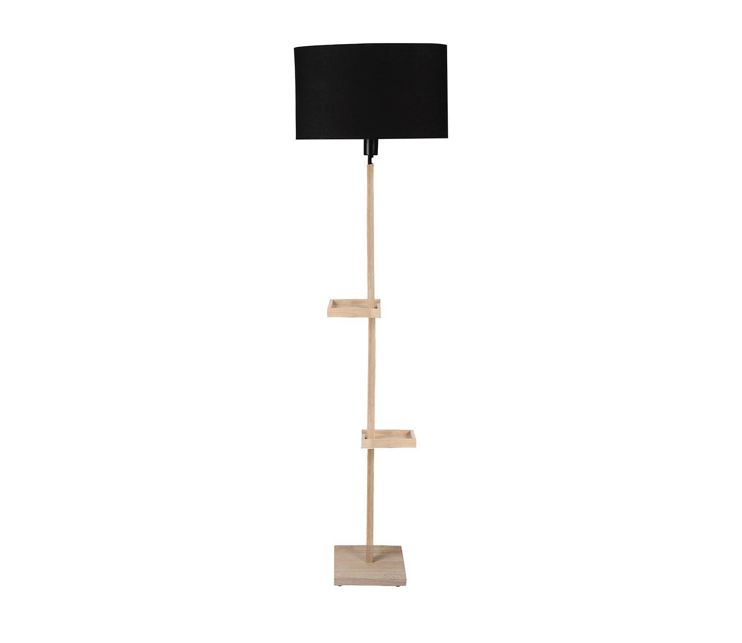 Black Fabric Double Shelf Floor Lamp with Natural Solid Wood Color Base