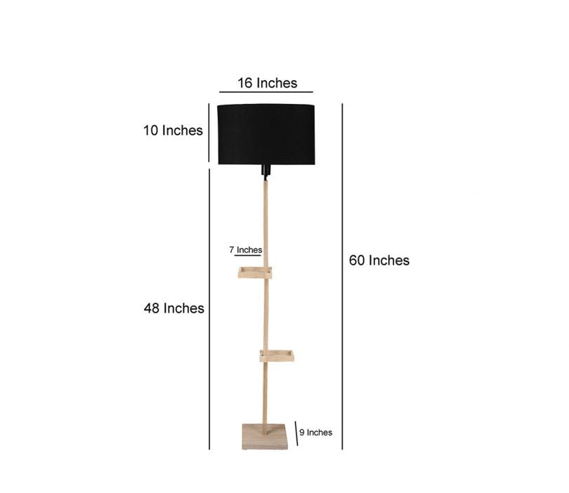 Black Fabric Double Shelf Floor Lamp with Natural Solid Wood Color Base