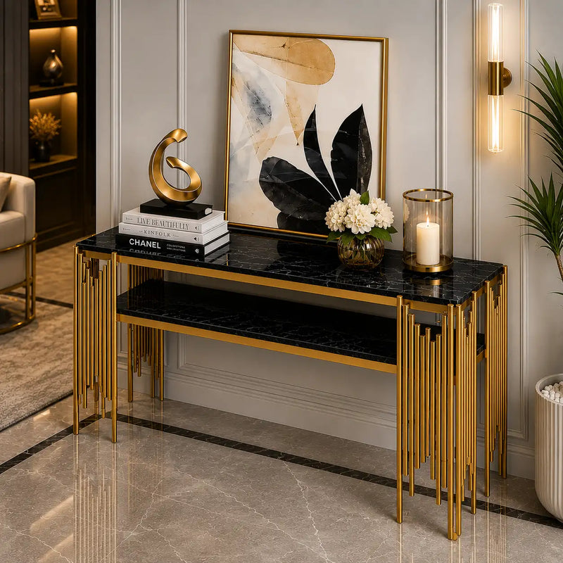 Black Faux Marble 2-Tier Narrow Console Table