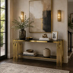 Black Faux Marble 2-Tier Narrow Console Table