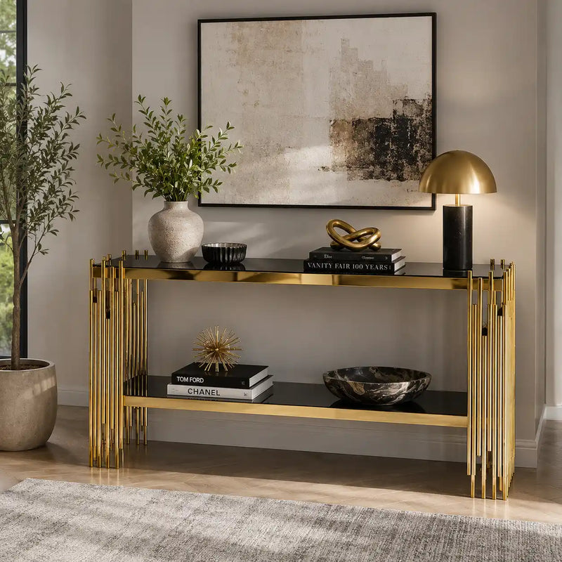 Black Faux Marble 2-Tier Narrow Console Table