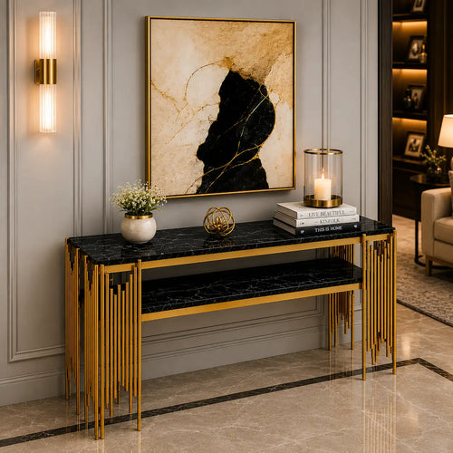 Black Faux Marble 2-Tier Narrow Console Table