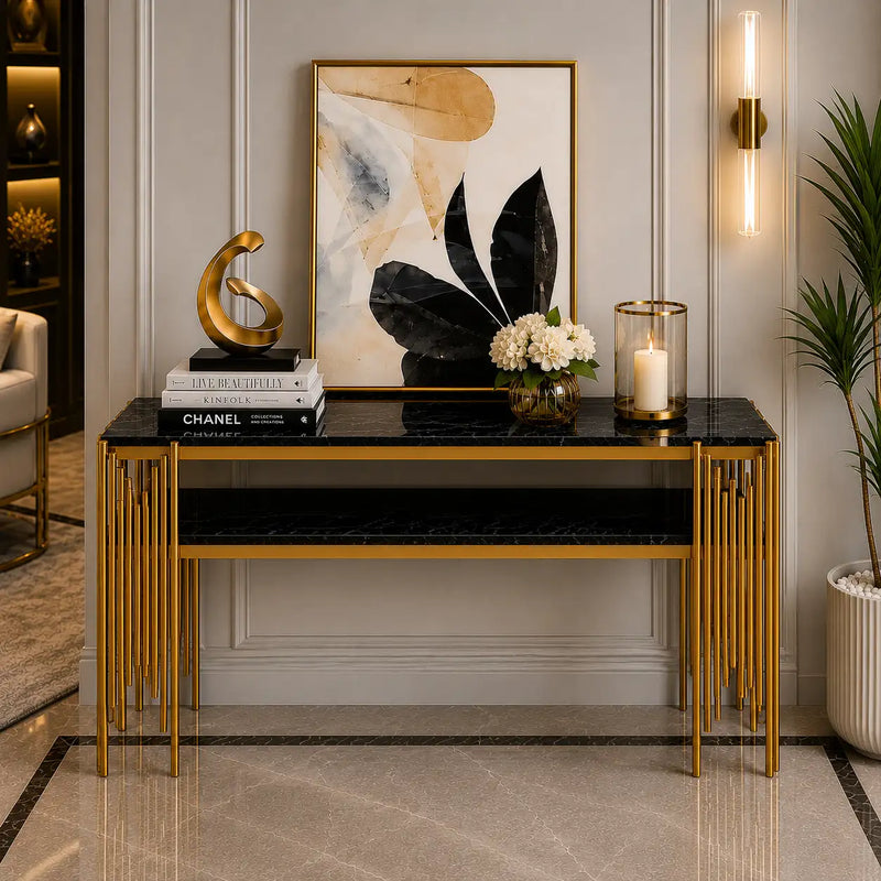 Black Faux Marble 2-Tier Narrow Console Table