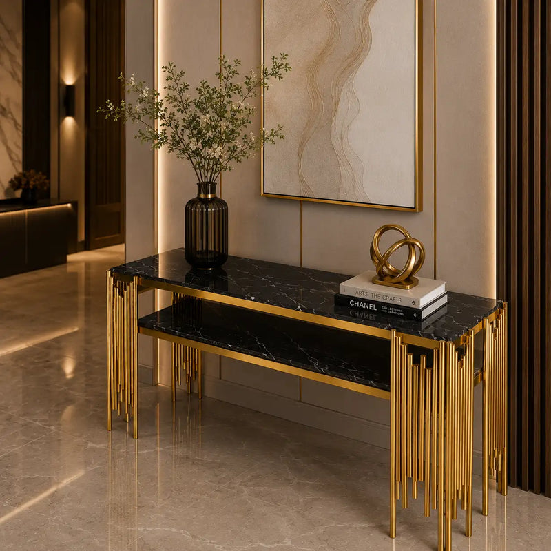 Black Faux Marble 2-Tier Narrow Console Table