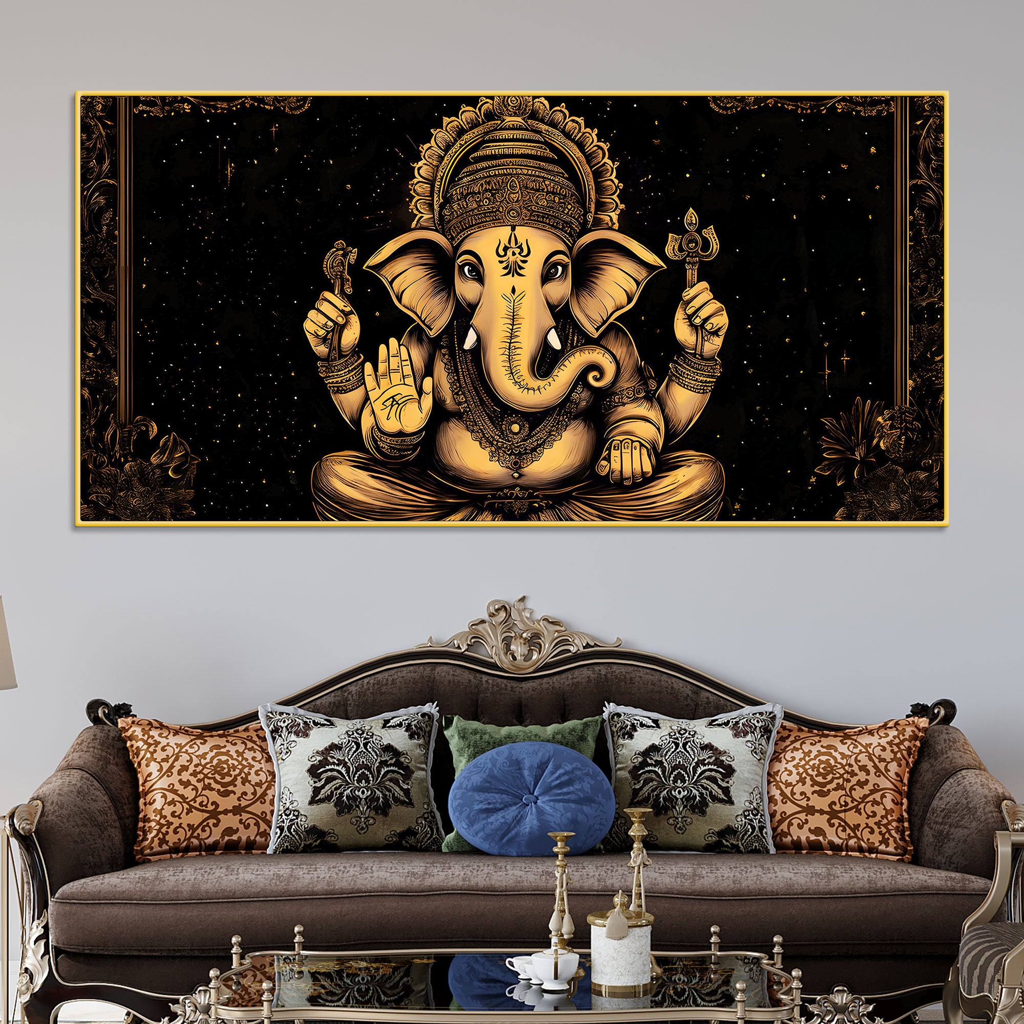 Black & Gold Divine Shri Ganesha Spiritual Canvas Wall Painting for Home & Office – Luxury Spiritual Decor