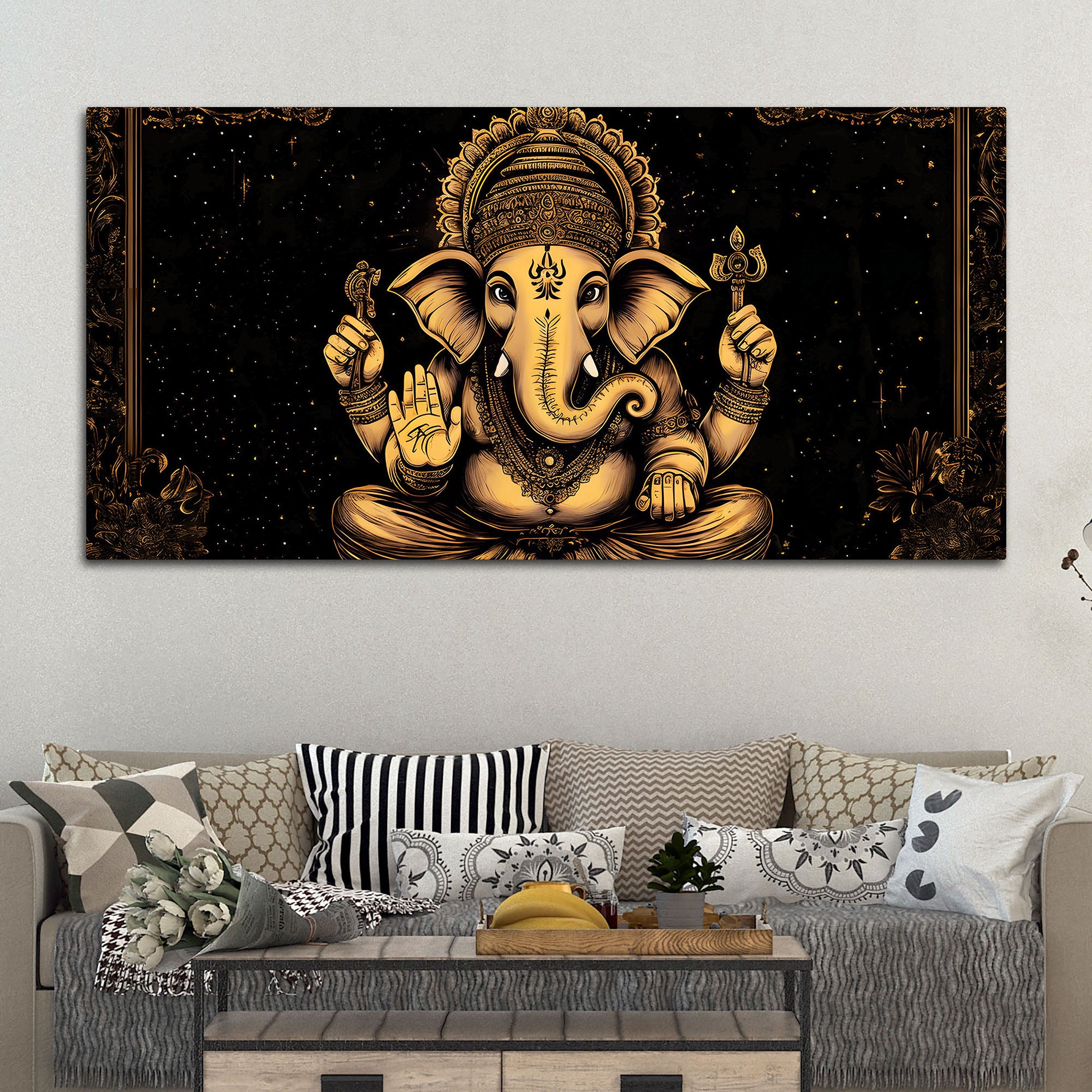 Black & Gold Divine Shri Ganesha Spiritual Canvas Wall Painting for Home & Office – Luxury Spiritual Decor
