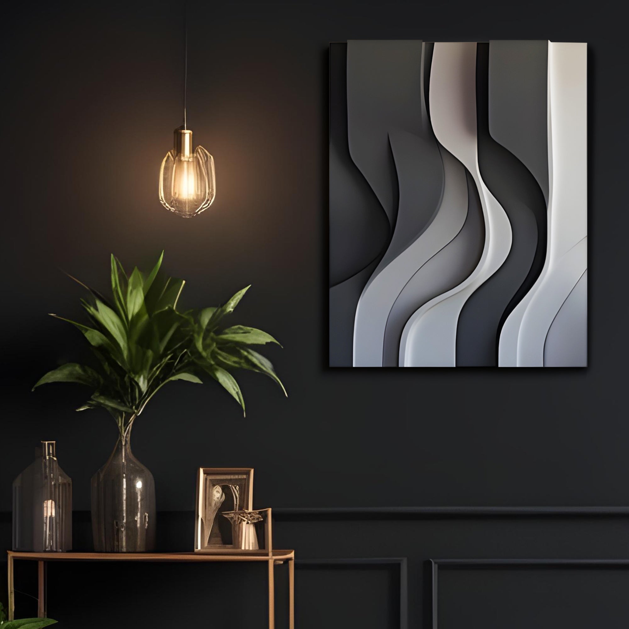 Black Gray and White Flowing Wave Design 3D Wall Decor