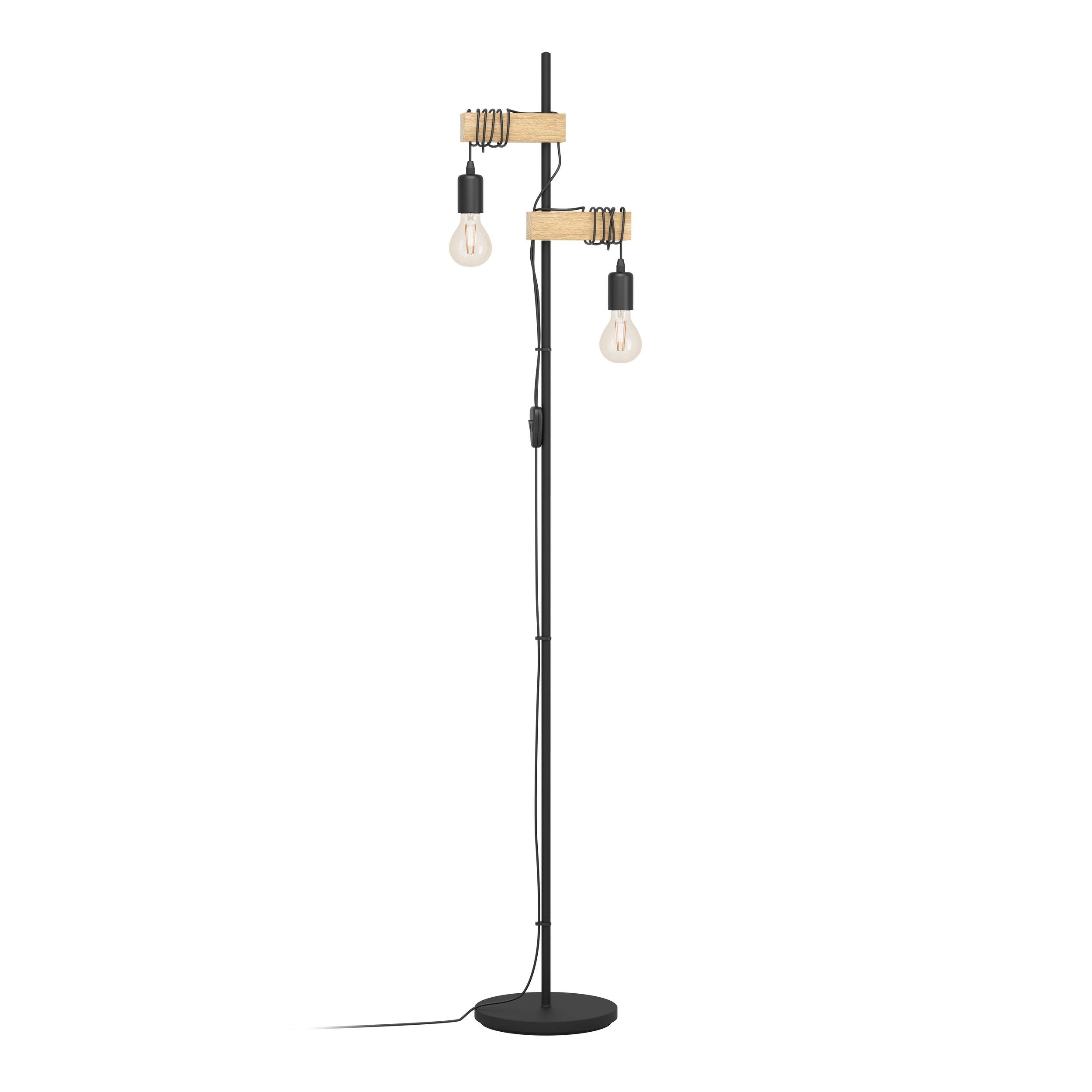 Black Metal & Natural Wooden Floor Lamp with Two Bulb